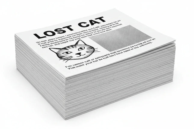 Stack of black and white custom print flyers on white background, featuring cat illustration.