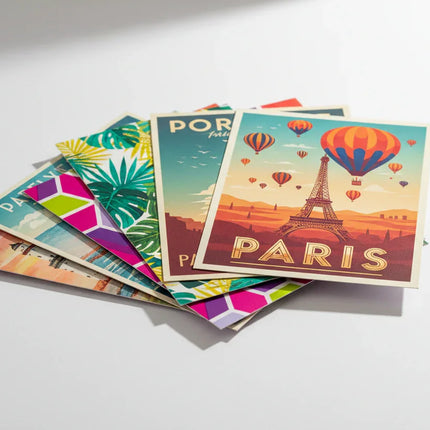 Stack of colorful printed postcards on cardstock with travel and geometric designs on white background