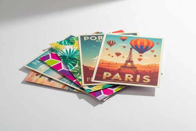 Stack of colorful printed postcards on cardstock with travel and geometric designs on white background
