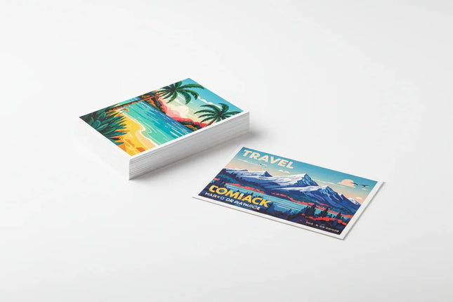 Custom postcards featuring tropical beach and mountain scenes, ideal for mailing