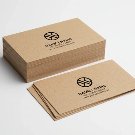 Stack of kraft business cards with black print on white background