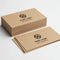 Stack of kraft business cards with black print on white background