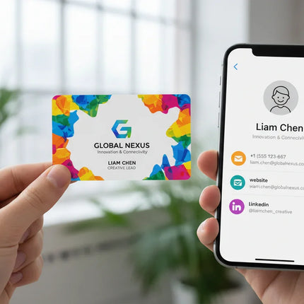 Custom printed white plastic business card held near smartphone displaying digital contact info.