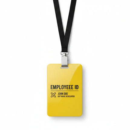Yellow plastic employee ID badge with black print on black lanyard and metal clasp