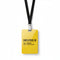 Yellow plastic employee ID badge with black print on black lanyard and metal clasp