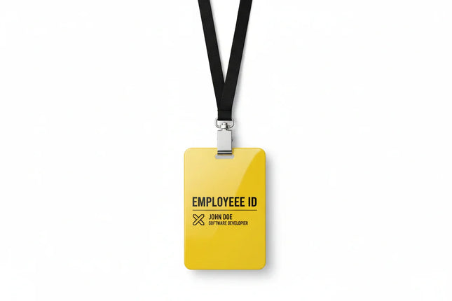 Yellow plastic employee ID badge with black print on black lanyard and metal clasp