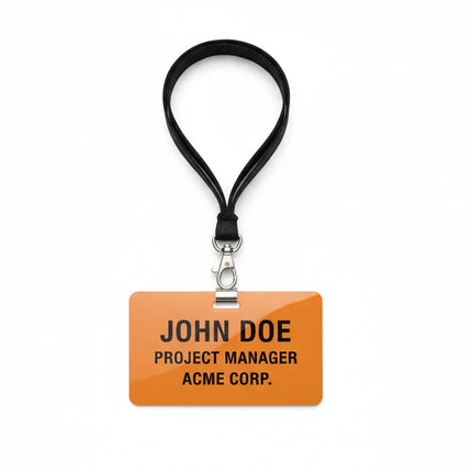 Orange PVC name badge with black text and black lanyard, metal clasp, on white background