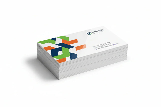 Stack of color printed rectangular business cards on white background, 14pt UV coated stock