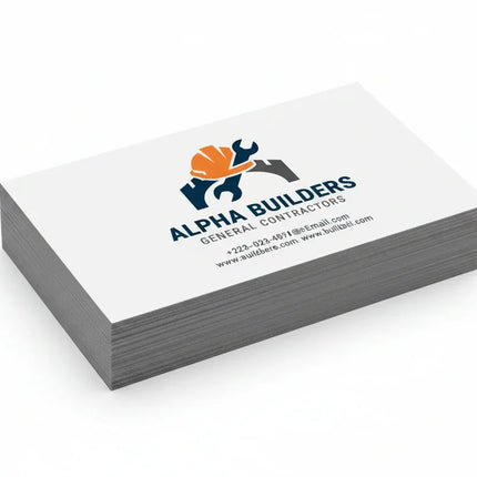 Stack of rectangular construction business cards on thick synthetic stock, white background