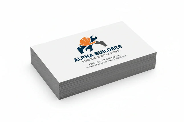 Stack of rectangular construction business cards on thick synthetic stock, white background