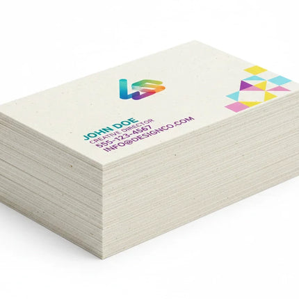Stack of custom printed white business cards on thick hemp blend stock with color accents