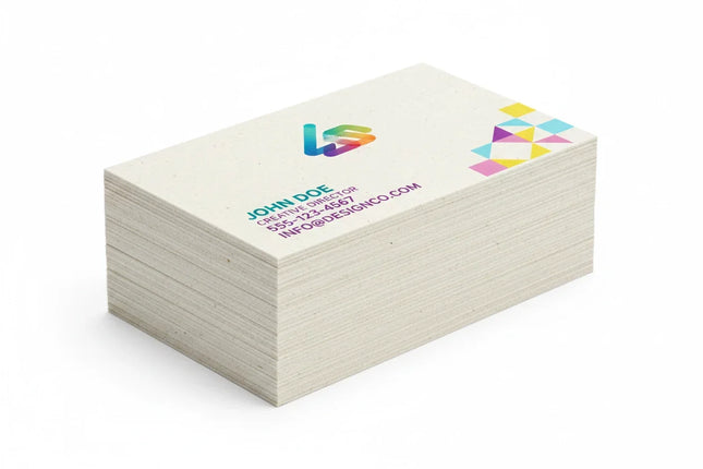 Stack of custom printed white business cards on thick hemp blend stock with color accents