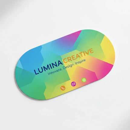 Colorful oval business card with geometric pattern on white background, modern design