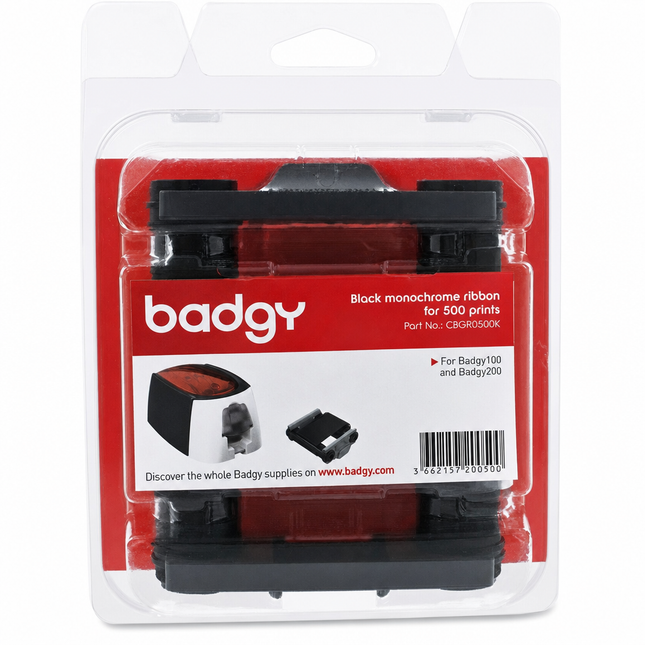 Black monochrome printer ribbon for 500 prints in retail packaging, compatible with Badgy100 and Badgy200