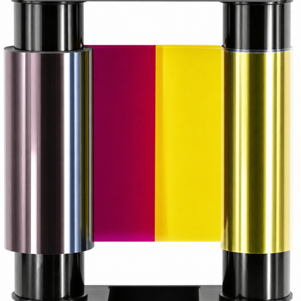 Color printer ribbon cartridge for Evolis ID card printers, showing yellow, magenta, and black panels.