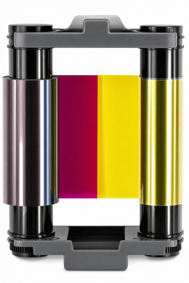 Color printer ribbon cartridge for Evolis ID card printers, showing yellow, magenta, and black panels.