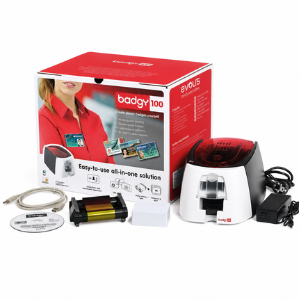 Badgy 100 ID card printer bundle with supplies, cables, power adapter, and software CD