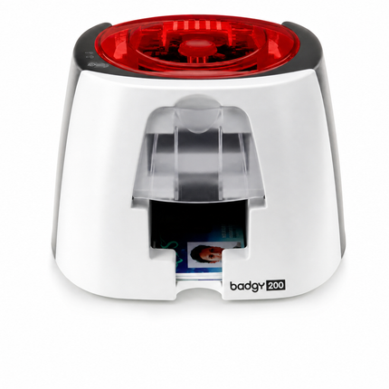 Compact white Evolis Badgy200 ID card printer with red top and printed card visible