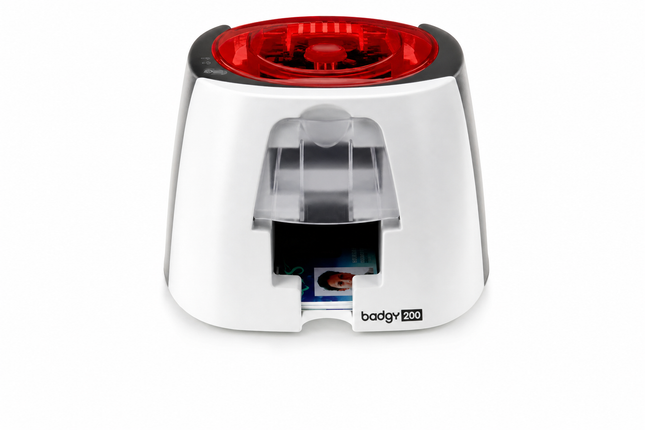 Compact white Evolis Badgy200 ID card printer with red top and printed card visible