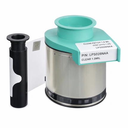Clear printer ribbon cartridge, labeled LPS028NAA, for ID card printer supplies.