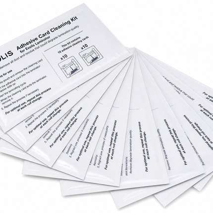 Evolis printer cleaning cards fanned out on a white surface, ID card printer supplies