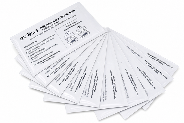 Evolis printer cleaning cards fanned out on a white surface, ID card printer supplies