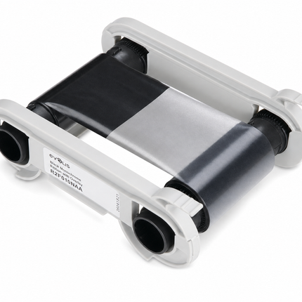 Black monochrome ribbon cartridge for Evolis ID card printer, isolated on white background
