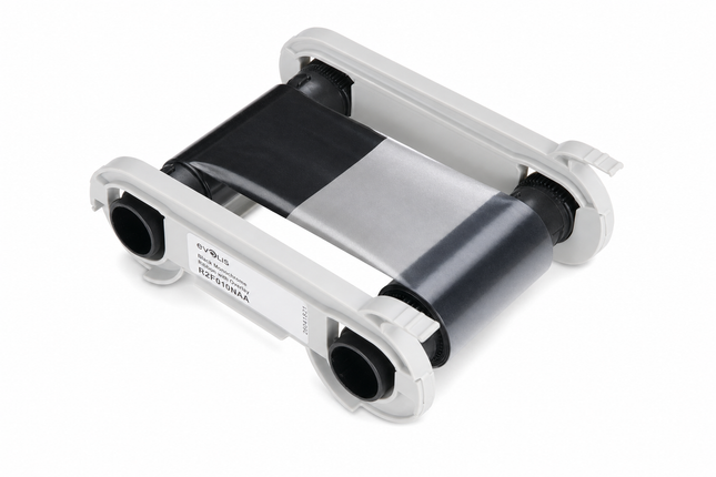 Black monochrome ribbon cartridge for Evolis ID card printer, isolated on white background