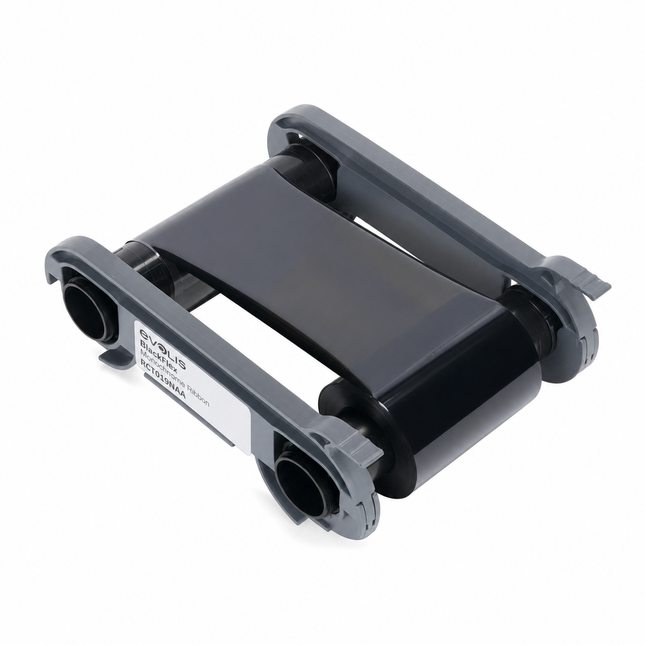 Black Evolis printer ribbon cartridge for ID card printing on a white background