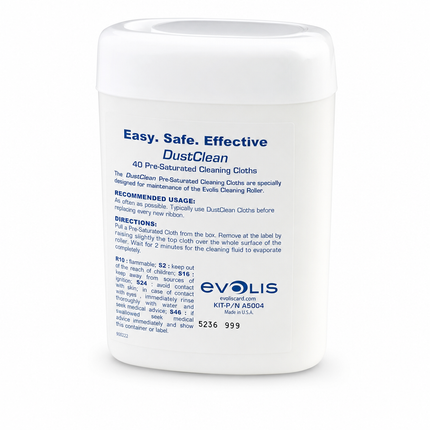 Evolis DustClean container of 40 pre-saturated cleaning cloths for printer maintenance