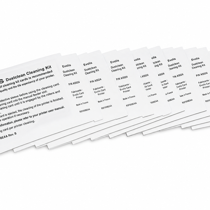 Evolis printer cleaning kit with multiple labeled cleaning cards for ID card printer maintenance