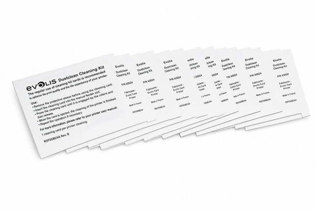 Evolis printer cleaning kit with multiple labeled cleaning cards for ID card printer maintenance
