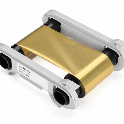 Metallic gold printer ribbon cartridge for ID card printing on white background