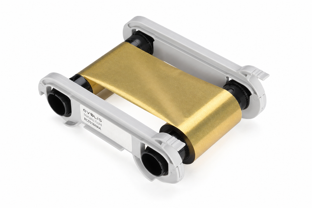 Metallic gold printer ribbon cartridge for ID card printing on white background