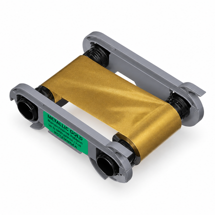 Metallic gold printer ribbon cartridge for ID card printing on white background
