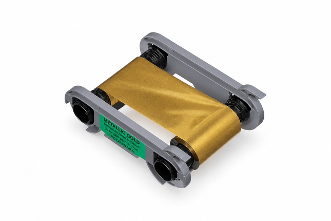 Metallic gold printer ribbon cartridge for ID card printing on white background