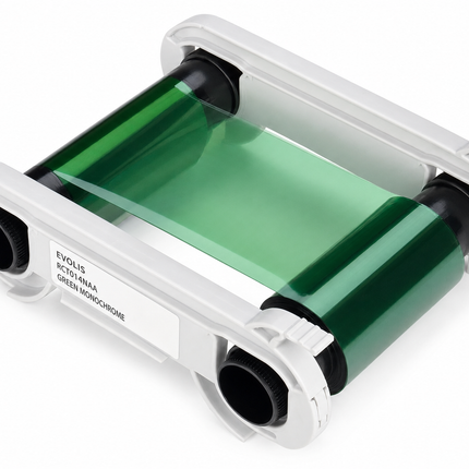 Green monochrome printer ribbon cartridge for Evolis card printers on white background