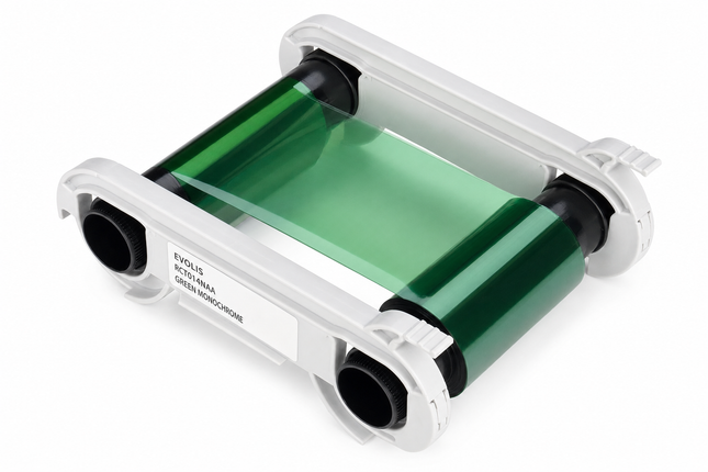 Green monochrome printer ribbon cartridge for Evolis card printers on white background