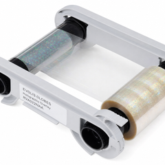 Holographic overlay varnish ribbon for ID card printers, featuring clear globe patterns