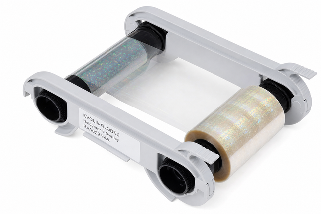 Holographic overlay varnish ribbon for ID card printers, featuring clear globe patterns