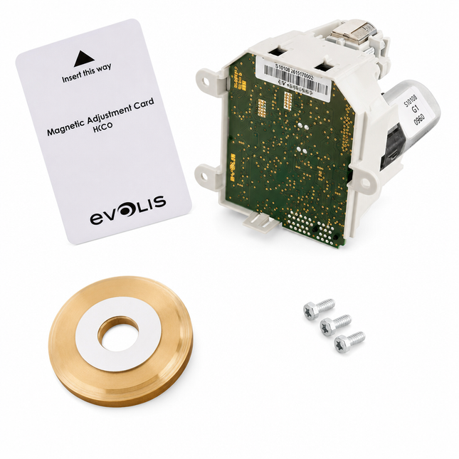 Evolis printer replacement part set with circuit board, magnetic adjustment card, metal disc, and screws