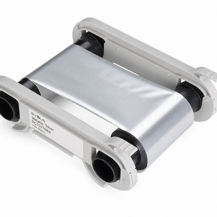 Metallic silver printer ribbon cartridge for ID card printers, isolated on white background.