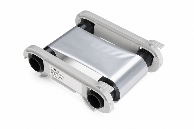 Metallic silver printer ribbon cartridge for ID card printers, isolated on white background.