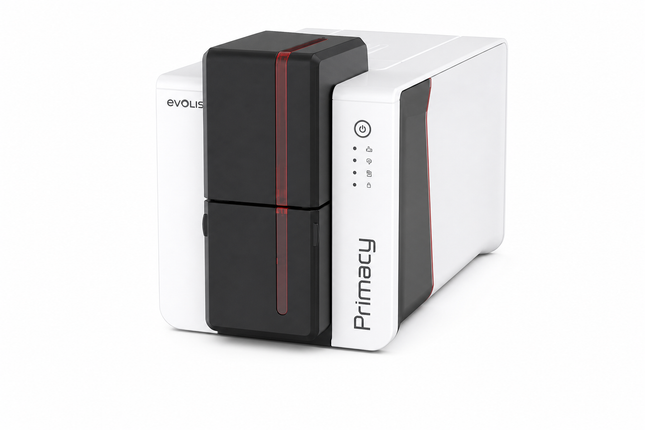 Evolis Primacy 2 desktop ID card printer with sleek white and black design for card printing