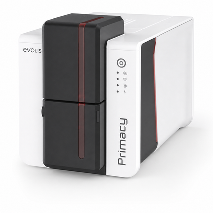 Evolis Primacy 2 desktop ID card printer with sleek white and black design for card printing