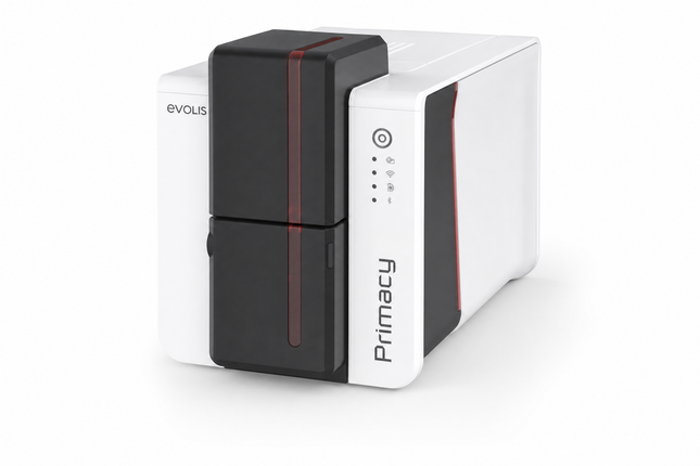 Evolis Primacy 2 desktop ID card printer with sleek white and black design for card printing