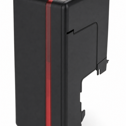 Black plastic input hopper for ID card printer with a red vertical stripe, isolated on white