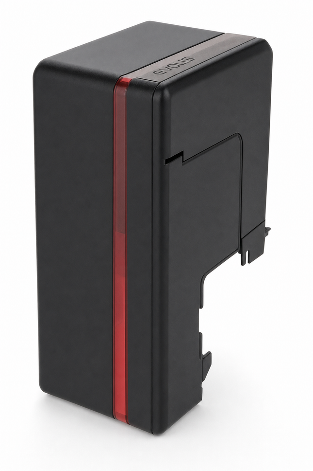 Black plastic input hopper for ID card printer with a red vertical stripe, isolated on white