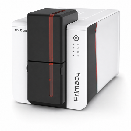 Evolis Primacy 2 desktop ID card printer with sleek white and black design for card printing
