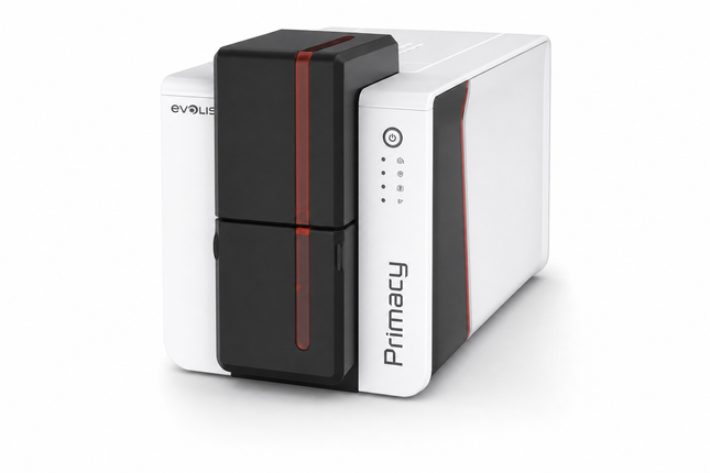 Evolis Primacy 2 desktop ID card printer with sleek white and black design for card printing